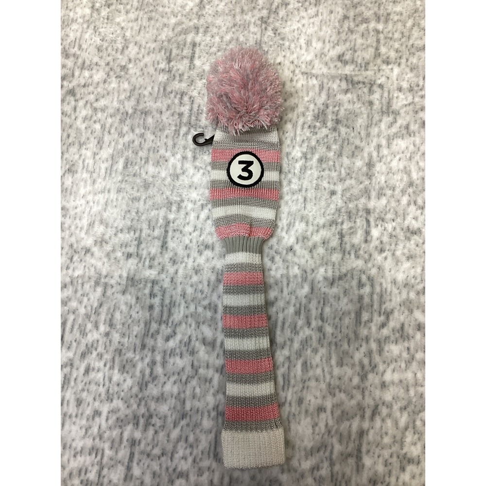 Pink and Grey Striped Knit Golf Headcover with Pom Pom Number 3 Fairway Wood